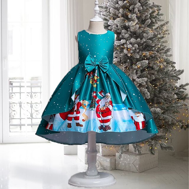  Kids Girls' Christmas Snowflake Santa Claus Dress A Line Dress Christmas Gifts Print Green Blue Wine Midi Sleeveless Elegant Princess Dresses Summer Regular Fit 2-8 Years