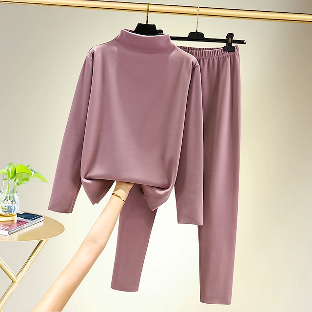  Women's T shirt Tee Undershirt Pants Sets Bottoming Shirt Solid Color Casual Daily Basic Long Sleeve Crew Neck Turtleneck Black Fall & Winter