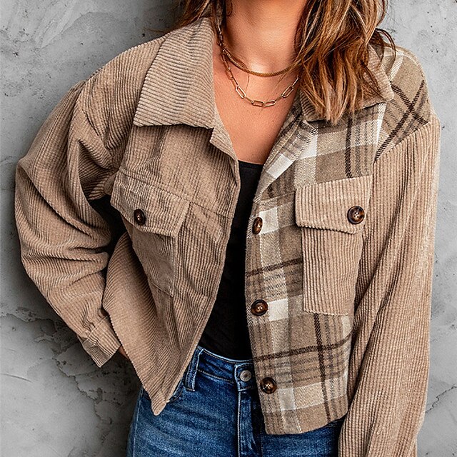  Women's Corduroy Jacket Casual Jacket Causal Button Breathable Plaid Regular Fit Fashion Outerwear Winter Long Sleeve khaki S