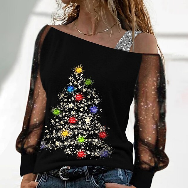  Women's Blouse Shirt Black Patchwork Off Shoulder Christmas Tree Christmas Weekend Long Sleeve Off Shoulder Streetwear Regular S
