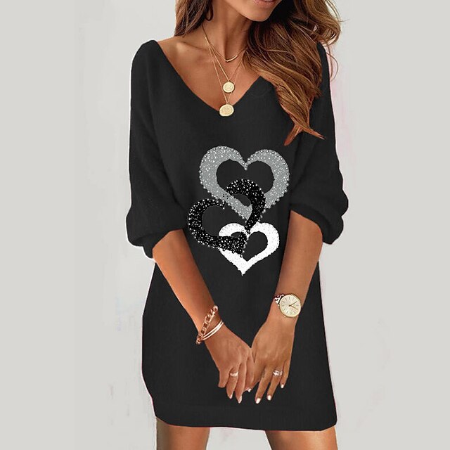  Mini robe Robe sweat Femme Hiver Automne Printemps Manches 3/4 - Imprimer Mode Cœur du quotidien Col V Ample 2023 Noir Blanche Rose Claire Gris S M L XL XXL 3XL