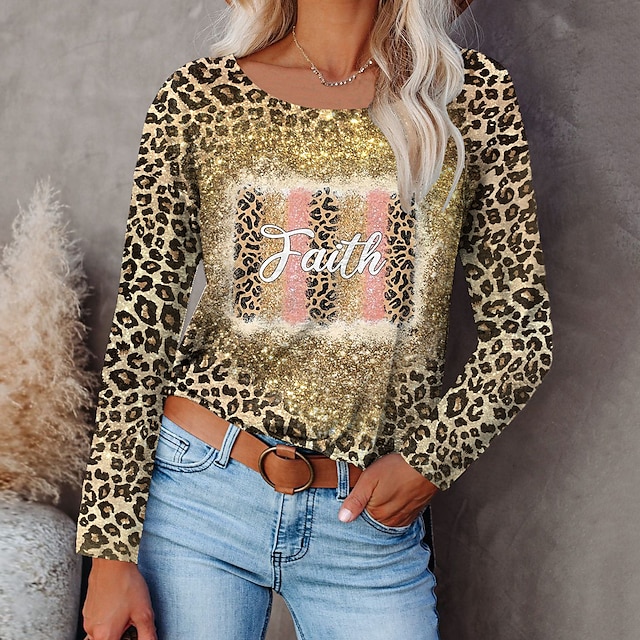  Dame T skjorte Gul Trykt mønster Leopard Tekst Daglig Helg Langermet Rund hals Grunnleggende Normal Maling S