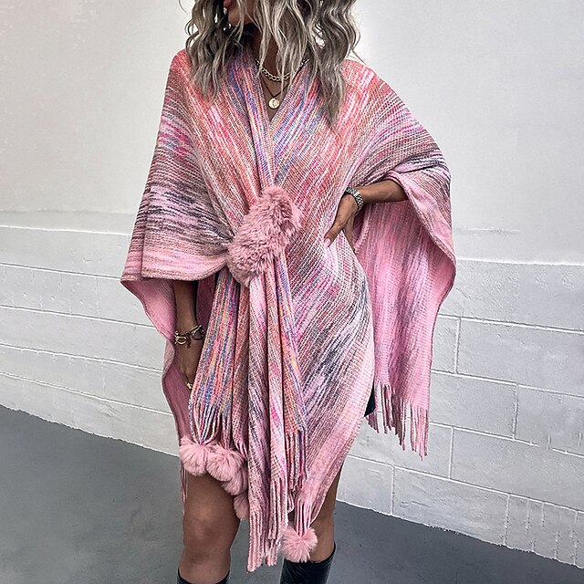  Mujer Camisa se encoge de hombros Ponchos Capas Negro Rosa Caqui Borlas Estampado Tie-dye Casual Fin de semana Manga Larga Escote en Pico Ponchos Capas Largo Holgado Tamaño Único