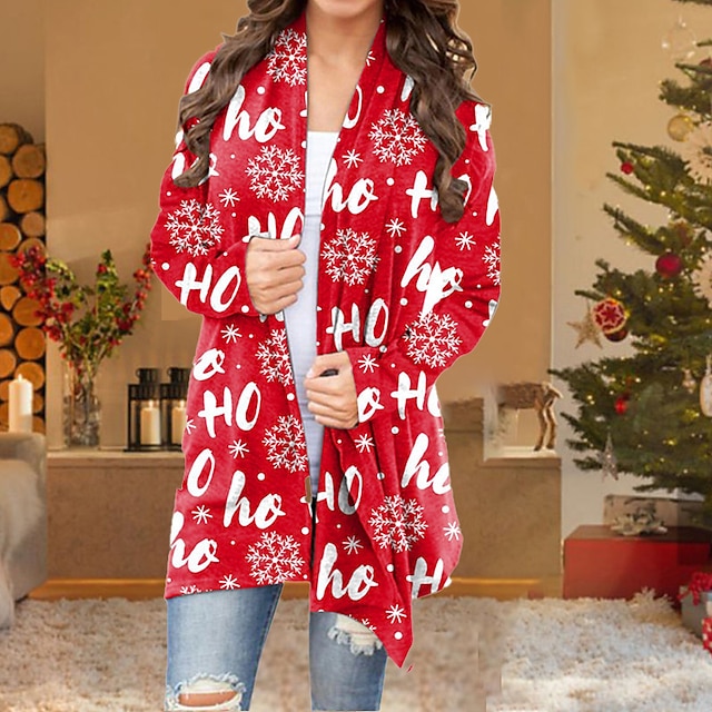  Women's Ugly Christmas Sweater Cardigan Pullover Sweater Jumper Open Front Knit Polyester Print Fall Winter Christmas Daily Holiday Xmas Stylish Basic Casual Long Sleeve Animal Geometric Snowman Red
