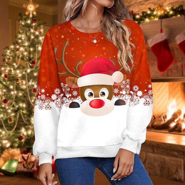 Women's Sweatshirt Pullover Streetwear Red Reindeer Christmas Long Sleeve Round Neck S M L XL 2XL 3XL