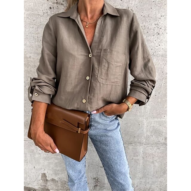  Women's Shirt Blouse dark brown Black White Button Pocket Plain Casual Long Sleeve Shirt Collar Basic Regular S