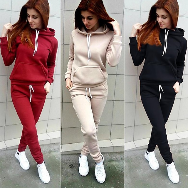  Women's Hoodie Tracksuit Pants Sets Solid Color Black Pink Red Drawstring Long Sleeve Sport Fitness Active Streetwear Hooded Regular Fit Fall & Winter