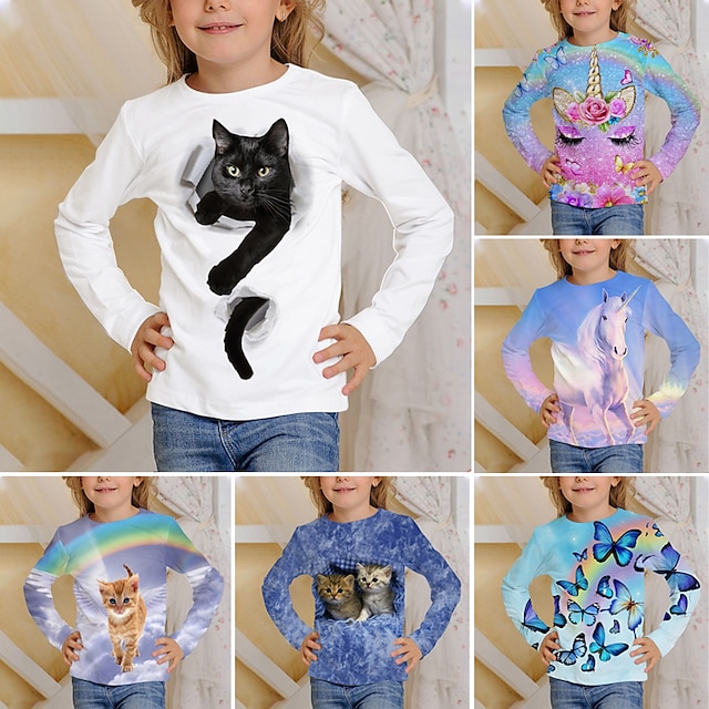  Girls' 3D Cat Print Long Sleeved Polyester T shirt