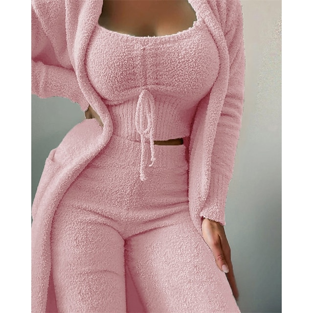 Women's Plush Fleece 3-Piece Pajama Set with Pockets