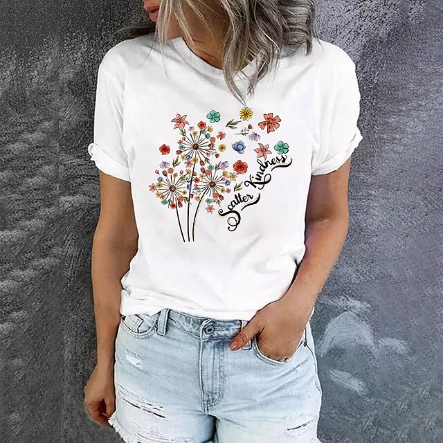  Women's T shirt Tee White Yellow Light Green Print Graphic Letter Daily Holiday Short Sleeve Round Neck Basic 100% Cotton Regular Painting S