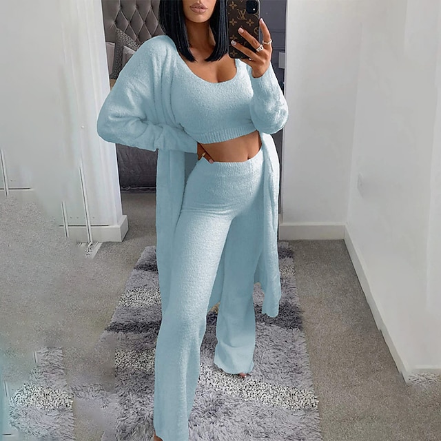  Women's Loungewear Sets Fluffy Fuzzy Sweatsuit 3 Pieces Pajama Pure Color Warm Fashion Simple Party Home Street Fleece Crew Neck Sleeveless Crop Top Pant Elastic Waist Winter Fall Black Camel