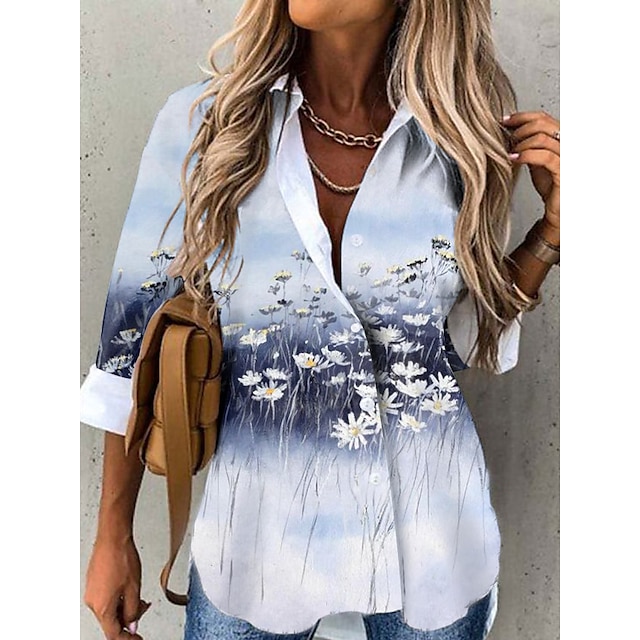  Floral Print Long Sleeve Shirt Blouse for Women