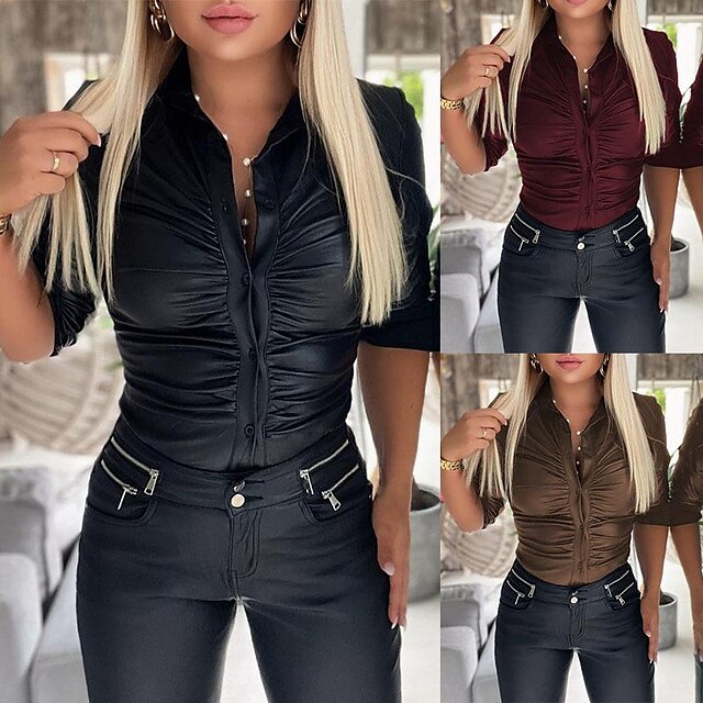  Women's Blouse Shirt Black Wine Brown Button Plain Casual Long Sleeve Shirt Collar Basic Regular S