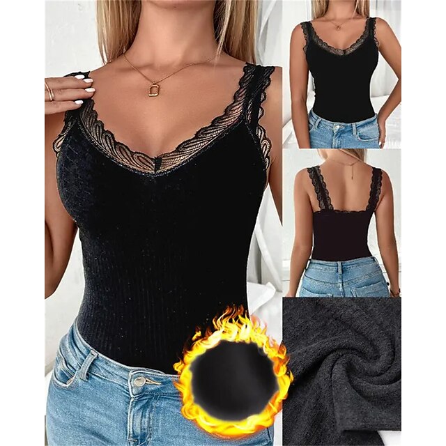 Women's Tank Top Camis Black Pink Light Grey Patchwork Lace Trims Plain Casual Daily Sleeveless V Neck Basic Regular Slim Fleece lined One-Size