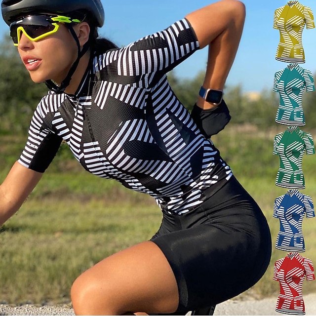  21Grams Femme Maillot Velo Cyclisme Manches Courtes Cyclisme Top avec 3 poches arrière Respirable Séchage rapide Evacuation de l'humidité VTT Vélo tout terrain Vélo Route Noir Jaune Bleu Roi Spandex