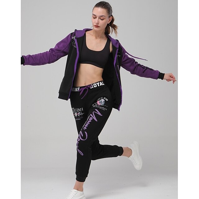  Women's 2 Piece Full Zip Tracksuit Sweatsuit Casual Long Sleeve Winter Thermal Warm Soft Fitness Gym Workout Running Sportswear Activewear Graffiti Violet Fluorescence+Green White / Micro-elastic