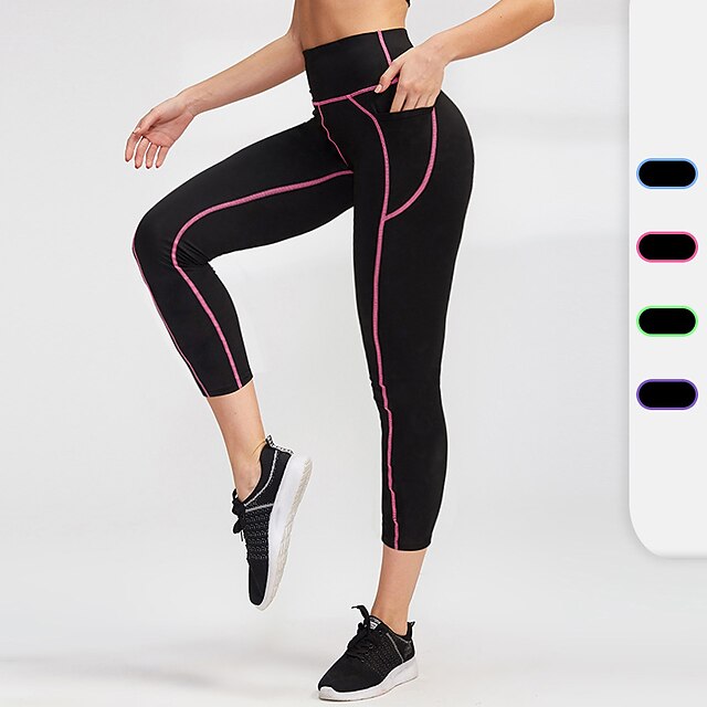  Women's Running Tights Leggings Compression 3/4 Pants Side Pockets Bottoms Athletic Athleisure Spandex Breathable Quick Dry Moisture Wicking Fitness Gym Workout Running Sportswear Activewear Stripes