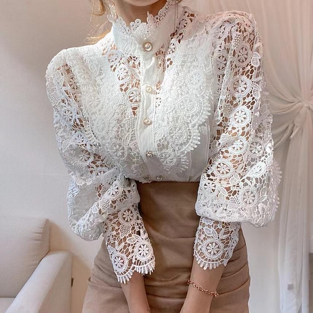  Women's Lace Shirt Shirt Blouse White Eyelet Tops Cotton Plain White Lace Button Long Sleeve Casual Basic Standing Collar Regular Fit Spring Fall