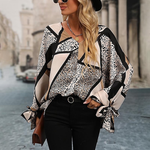  Women's Shirt Blouse khaki Print Leopard Casual Long Sleeve V Neck Basic Regular Batwing Sleeve S