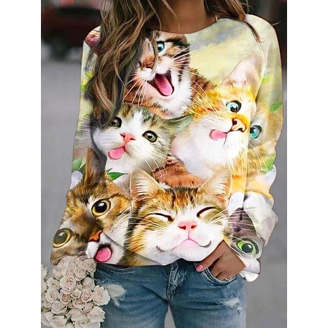  Women's Hoodie Sweatshirt Cute Casual Light Green Blue Purple Cat Dailywear Long Sleeve Round Neck