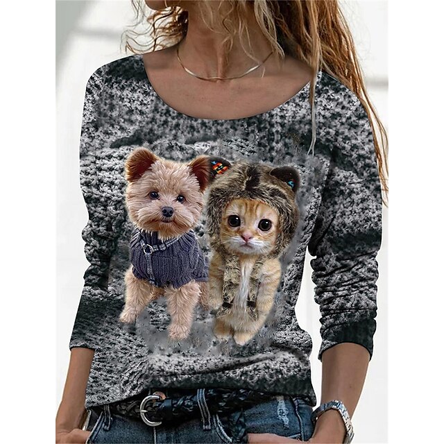  Damen T Shirt Schwarz Dunkelgray Grau Bedruckt Katze 3D Täglich Wochenende Langarm Rundhalsausschnitt Basic Standard Übergröße 3D Cat Farbe S