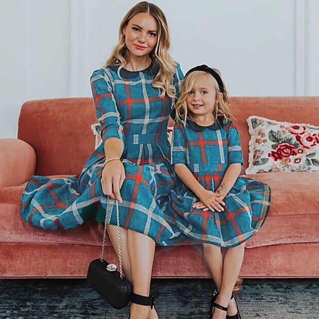  Mommy and Me Dresses Plaid Daily Green Cotton Dress Long Sleeve Asymmetrical Fall Dress Sweet Casual Matching Outfits