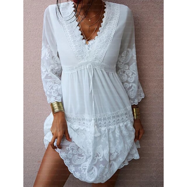  Women's Casual Dress Lace Dress Mini Dress White Pure Color 3/4 Length Sleeve Summer Spring Lace Classic V Neck Loose Fit 2023 S M L XL 2XL