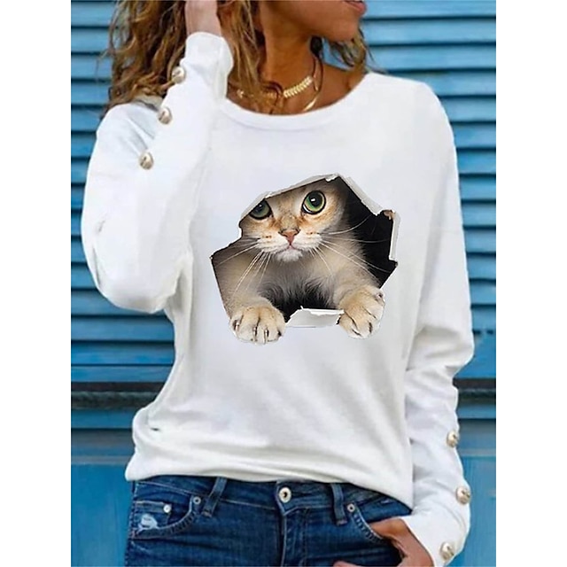  Dame T skjorte Hvit Trykt mønster Katt 3D Daglig Helg Langermet Rund hals Grunnleggende Normal 3D Cat Maling S