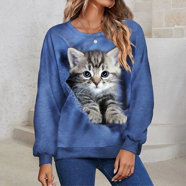  Women's Casual Street Cat Sweatshirt Plus Size