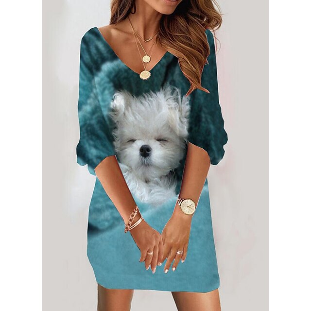  Mini robe Robe casual Femme Automne Printemps Manches 3/4 - Imprimer Mode Animal Chien du quotidien Col V Ample 2023 Bleu S M L XL XXL 3XL