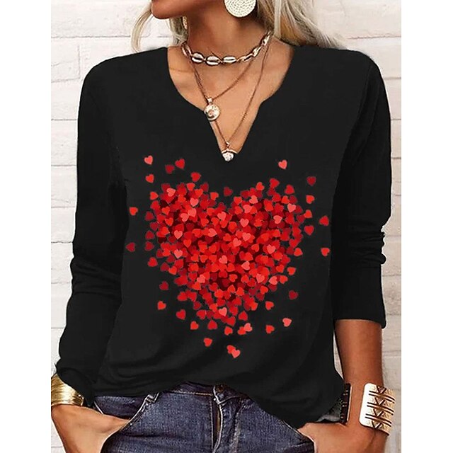 Women's Basic V Neck Tee with Heart Button Print