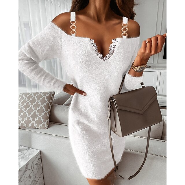  Women's Work Dress Bodycon Sheath Dress Mini Dress White Pure Color Long Sleeve Winter Fall Spring Cold Shoulder Fashion V Neck Loose Fit Daily 2023 S M L XL