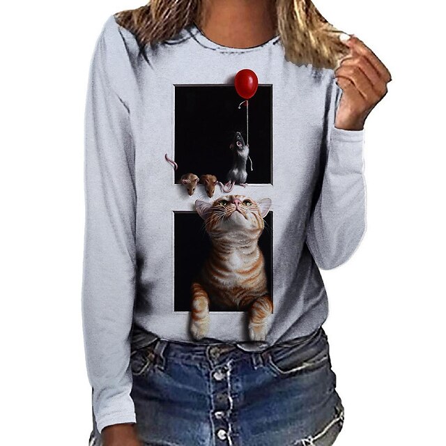  Women's T shirt Tee Black White Khaki Print Cat 3D Daily Weekend Long Sleeve Round Neck Basic Regular 3D Cat Painting S