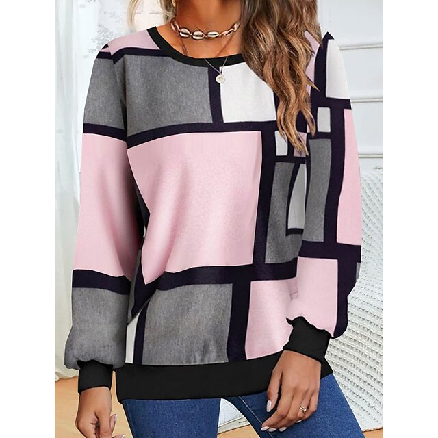  Per donna Plus Size Felpa Maglione Color Block Informale Rosa Blu Verde Streetwear Rotonda Manica lunga giacca Media elasticità Autunno inverno