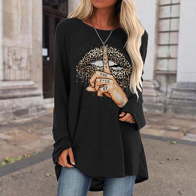  Women's T shirt Tee Black Yellow Red Print Leopard Lip Daily Weekend Long Sleeve Round Neck Basic Long Painting S