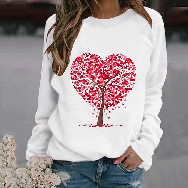  Women's T shirt Tee Black White Grey Print Heart Valentine Weekend Long Sleeve Round Neck Basic Regular Painting Couple S