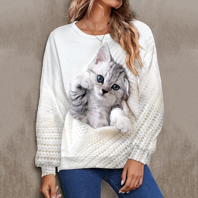  Women's Plus Size Sweatshirt Pullover Cat Basic White Street Casual Round Neck Long Sleeve Top Micro-elastic Fall & Winter