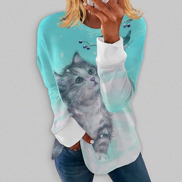  Femme T shirt Tee Chat du quotidien Fin de semaine Jaune Rose Claire Bleu Imprimer manche longue basique Col Rond Standard Automne hiver