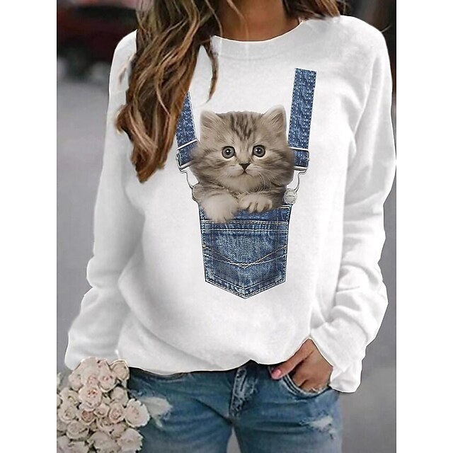  Damen T Shirt Schwarz Weiß Grau Bedruckt Katze 3D Täglich Wochenende Langarm Rundhalsausschnitt Basic Standard 3D Cat Farbe S