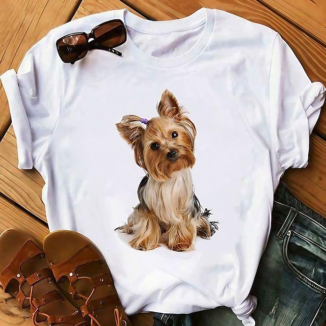  Women's T shirt Tee 100% Cotton Cat Dog Daily Weekend Print zg4 Short Sleeve Basic Round Neck white