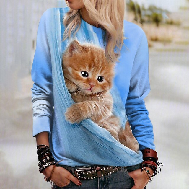  Women's Basic Blue Cat Sweatshirt Pullover