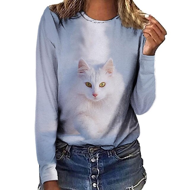  Dame T skjorte Svart Hvit Mørkegrå Trykt mønster Katt 3D Daglig Helg Langermet Rund hals Grunnleggende Normal 3D Cat Maling S