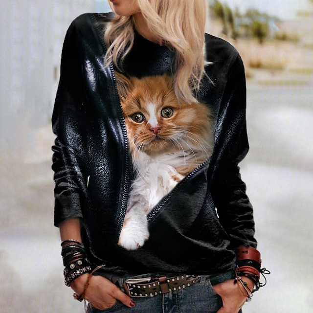  Women's Sweatshirt Pullover Basic Black Cat Street Long Sleeve Round Neck