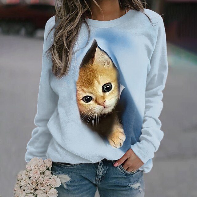  Women's Sweatshirt Pullover Basic Yellow Pink Blue Cat Street Casual Round Neck Plus Size Long Sleeve Top Micro-elastic Fall & Winter