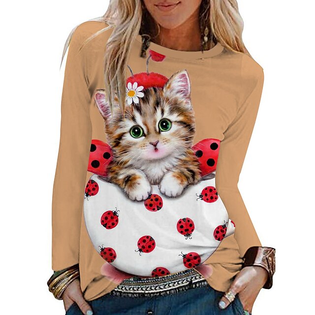  Dame T skjorte Rosa Blå Oransje Trykt mønster Katt Hund Daglig Helg Langermet Rund hals Grunnleggende Normal 3D Cat Maling S