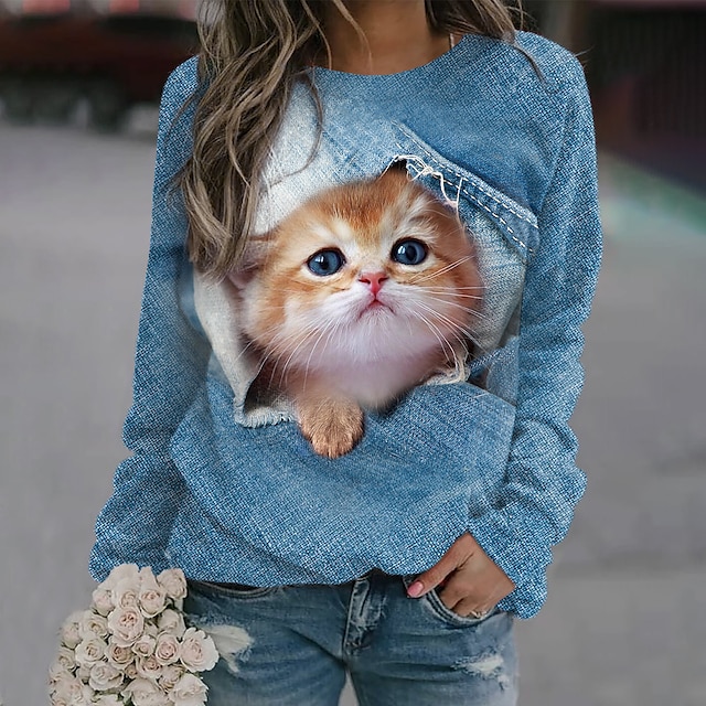  Basic Blue Plus Size Cat Pullover Sweatshirt for Women