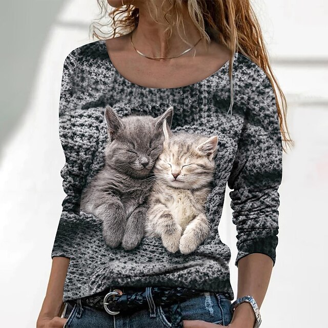  Dame T skjorte Katt 3D Daglig Helg Trykt mønster Mørkegrå Langermet Grunnleggende Rund hals Høst vinter
