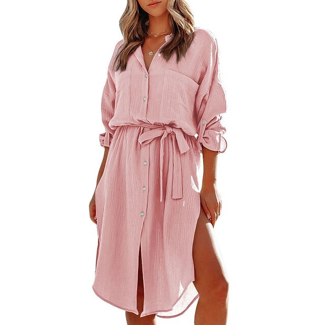  Women's Shirt Dress Casual Dress Midi Dress Light Pink Light Green Pink Pure Color Half Sleeve Summer Spring Button Classic Shirt Collar Loose Fit 2023 S M L XL