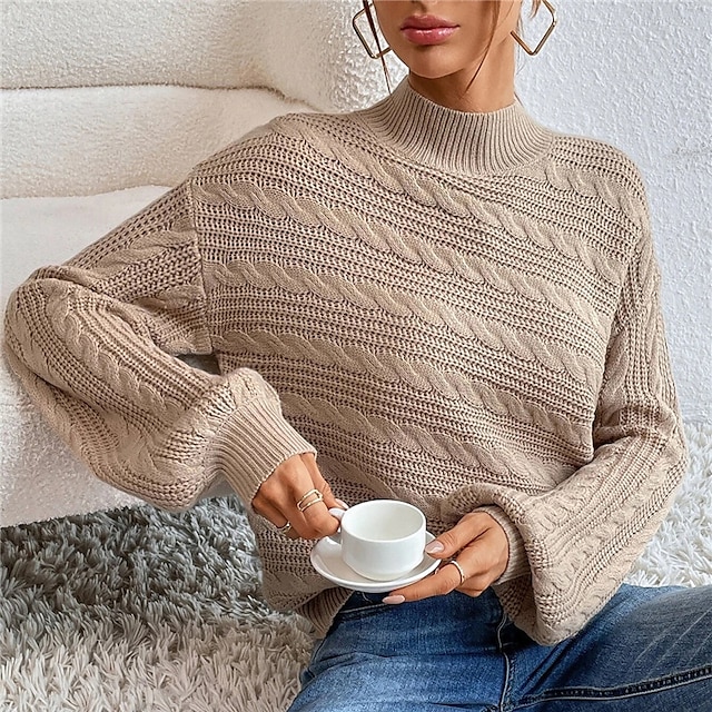  Women's Pullover Sweater Jumper Stand Collar Turtleneck Cable Knit Acrylic Knitted Fall Winter Outdoor Daily Holiday Stylish Casual Soft Long Sleeve Pure Color Maillard Black White Army Green S M L