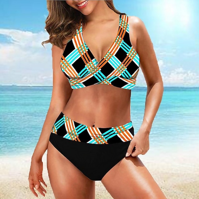  Women's Swimwear Tankini 2 Piece Plus Size Swimsuit Plaid Blue Crop Top Bathing Suits Sports Summer